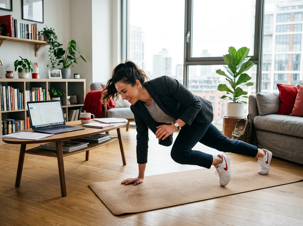 Busy professional doing a home workout in business attire